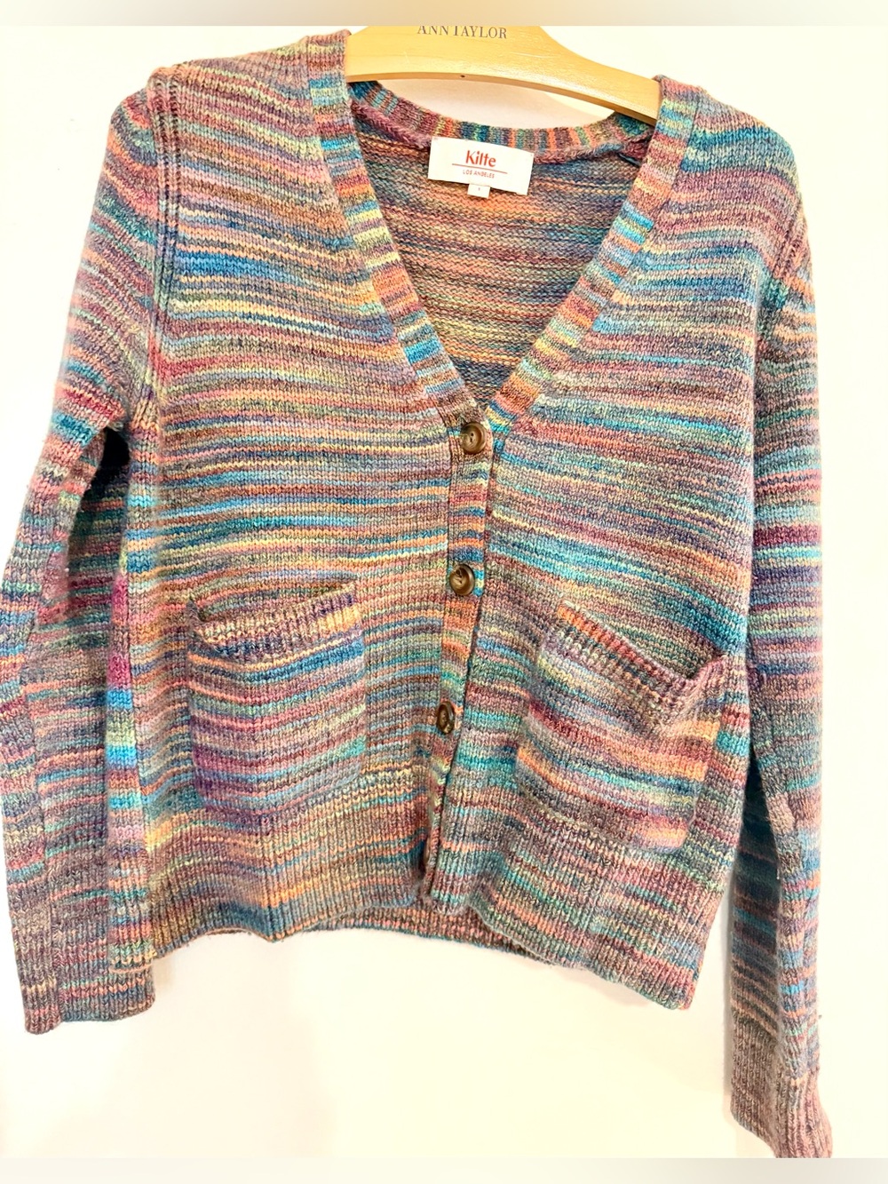 Like New: Kilte Collection Cropped Rainbow Button Cardigan